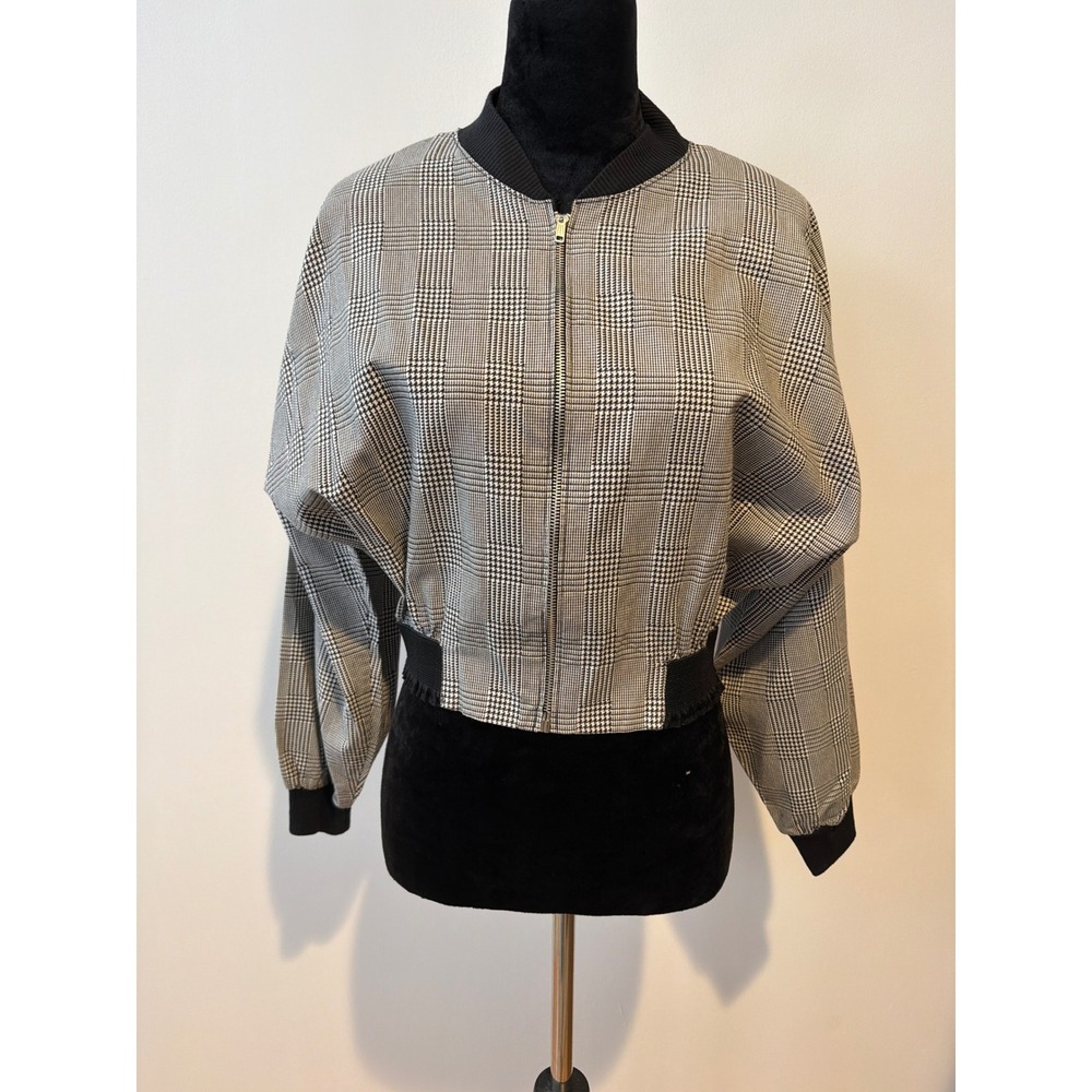 Prezzia Bomber Jacket Womens Medium Black White Houndstooth Vintage 90s Cropped
